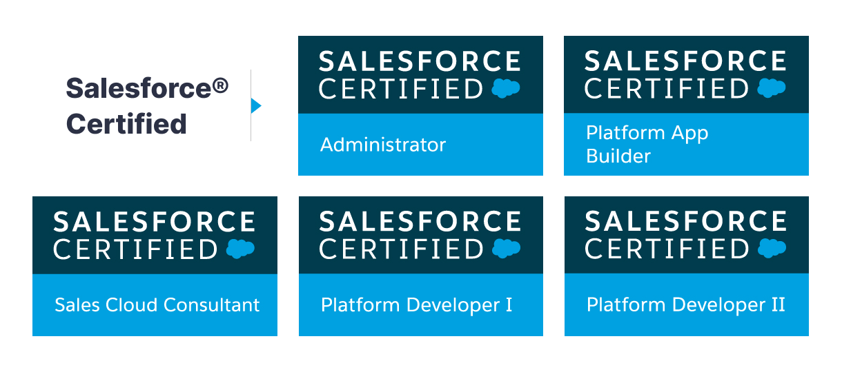 Salesforce Certified team - Administrator, Platform App Builder, Sales Cloud Consultant, Platform Developers